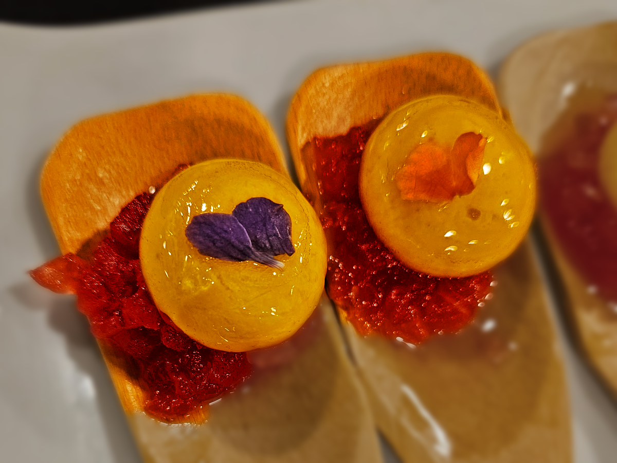 Fruit spheres on gelée, made by Charlie B's